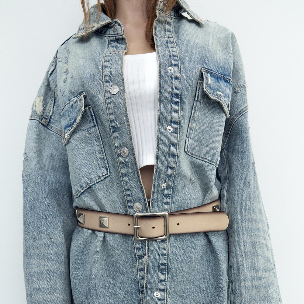 NWT Zara Distressed Look Leather Belt with Studs - 100% Leather